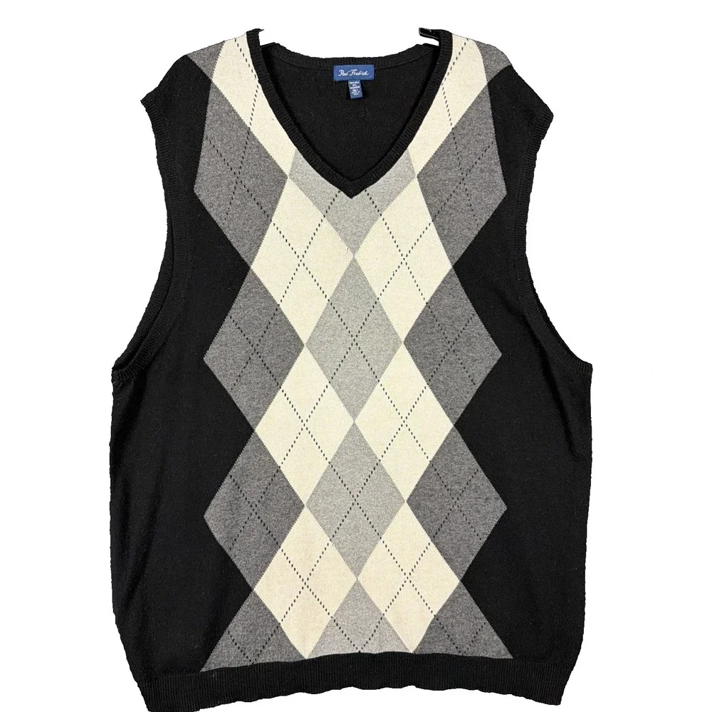 Paul Frederick Sweater Vest Silk Cashmere  V-Neck Sz 3XLT Black & White Argyle